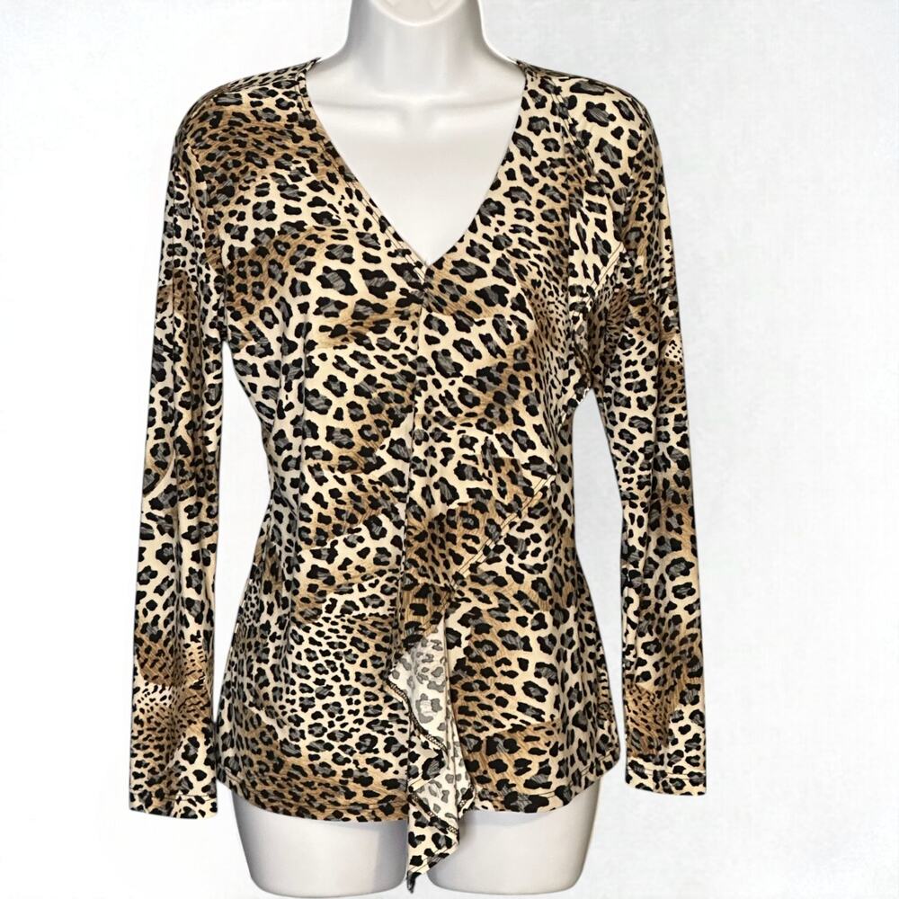 Clara Sunwoo Ruffle Front V Neck Blouse Small Long Sleeve Brown Animal Print Top